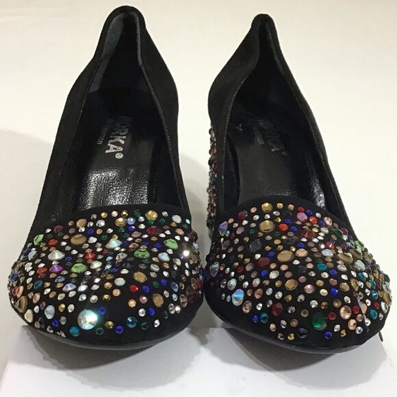 NORKA Black Suede Rhinestone Embellished High Heel Slip-On Pump Shoe NWOT Size 9 - Picture 7 of 11